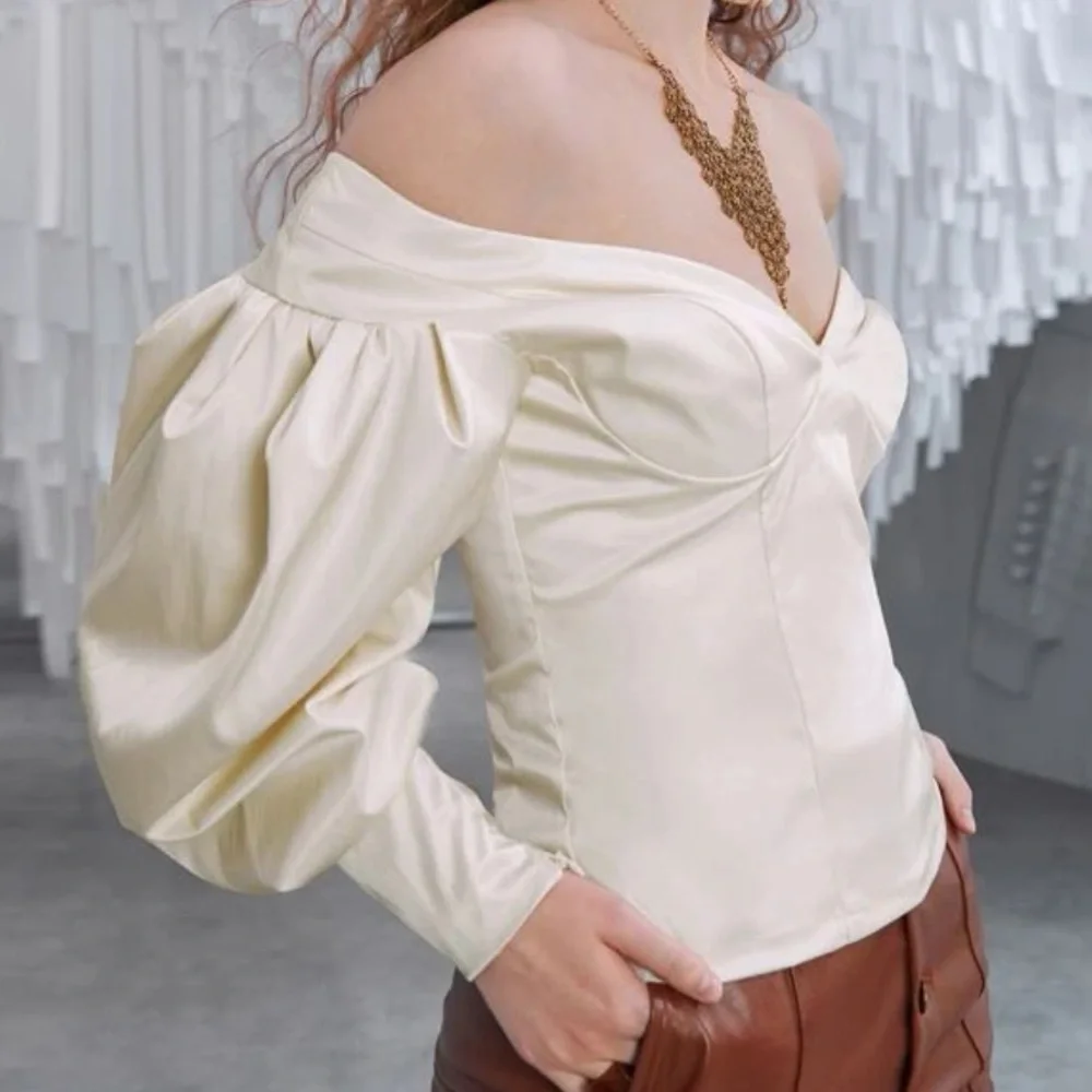 Cream / ivory Off Shoulder Bishop Sleeve puff Sleeve Zip Back Blouse - Picture 6 of 10